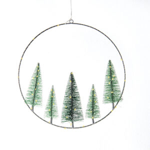 Metal ring w. Christmas treex5 & LED light (BAT) - 30CM