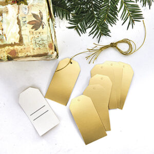 Gift tags w. string, metallic gold - 8X4CM, 8/BAG