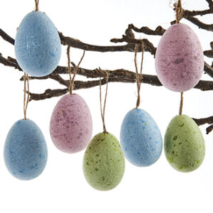 Hanging eggs w. glitter & string - 5CM, 3 ASS., 12/BOX