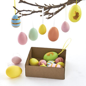 Hanging eggs w. string, H: 4 & 6cm - 2 ASS., 10/BOX
