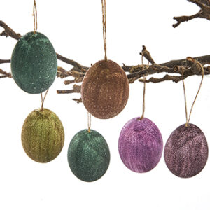 Hanging eggs w. glitter & string - 6CM, 3 ASS., 6/BOX