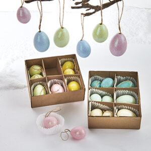 Hanging eggs w. glitter & string, H: 4 & 5cm - 3 ASS., 9/BOX