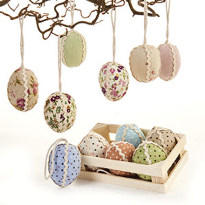 Hanging egg, fabric, wooden box - 6CM, 2 ASS., 6/BOX