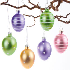 Hanging eggs w. decoration, glass - 6CM, 6 ASS.