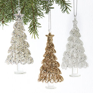 Christmas tree, glass w. string & glitter - 12CM, 3 ASS.