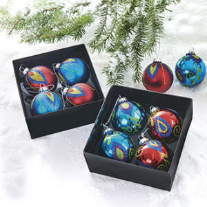 Glass balls, peacock pattern, w. string - 6CM, 2 ASS., 4/BOX