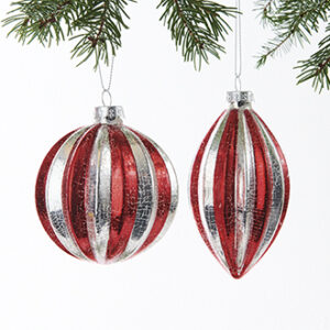Glass ball, red/silver striped w. string, H: 8 & 10cm - 2 ASS.