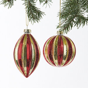 Glass ball, red/gold striped w. string, H: 8 & 10cm - 2 ASS.