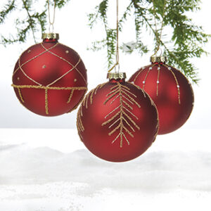 Glass ball, red, w. golddeco., to hang - 8CM, 3 ASS.
