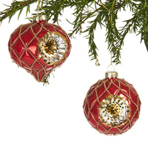 Glass ball, red w. golddeco., to hang - 8CM, 2 ASS.