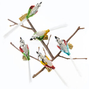 Glass birds w. white tail, on clip - 2X12CM, 5/BOX
