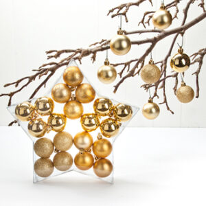 Mat/shiny gold plastic balls, to hang - 5CM, 4 ASS., 20/BOX