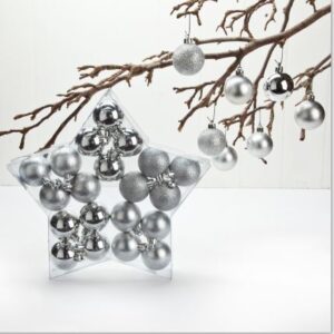Mat/shiny silver plastic balls, to hang - 5CM, 4 ASS., 20/BOX