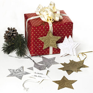 Star gift tags w. glitter - 7CM, 3 ASS., 8/BOX