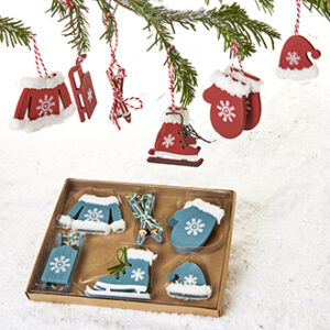 Christmas decoration, wood, blue/red, to hang - 7CM, 2 ASS., 6/BOX