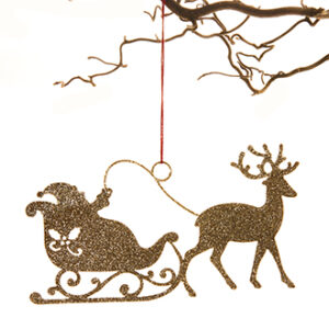 Santa/sledge w. reindeer, metal, glitter - 12X22CM