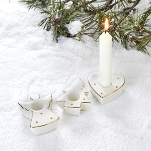 Candle holder, porcelain, white w. golddeco., f/20mm candle - 3X7CM, 3 ASS.