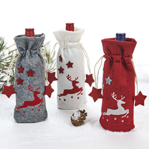Gift bag f. wine bottle, felt w. reindeer - 30X13CM, 3 ASS.