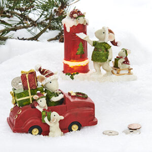 Mouse in car (moneysaver) + mail box w. light, poly, (battery), H: 11/14cm - 2 ASS.