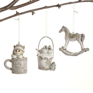 Figurines, poly, silver / white, to hang - 8CM, 3 ASS.