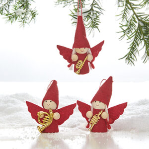 Wooden santa w. felt clothes & musical instrument, to hang - 8CM, 3 ASS.