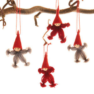 Santa, wooden/textile, red/grey, to hang - 5CM, 4/BOX
