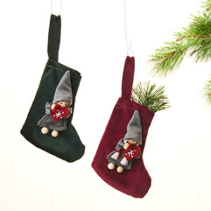 Stocking, velour w. pixy, red/green - 13CM, 2 ASS.