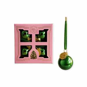Glass ornaments, shiny green, 4cm. balls, dusty rose gift box 4/box