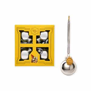 Glass ornaments, shiny silver, 4cm. balls, yellow gift box, 4/box