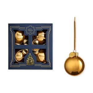 Glass ornaments, shiny gold, 6cm. balls, blue gift box, 4/box