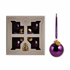 Glass ornaments, shiny purple, 6cm. balls, light grey gift box, 4/box