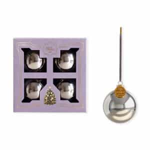 Glass ornaments, shiny silver, 6cm. balls, purple gift box, 4/box