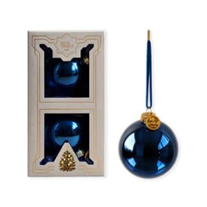 Glass ornaments, shiny blue, 8cm. balls,light grey gift box, 2/box