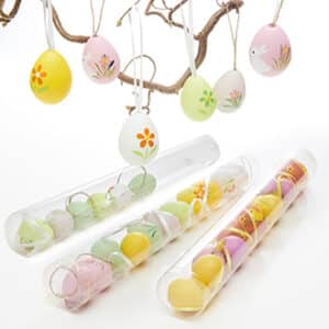 Hanging eggs w. decoration & string, 4CM, 3 ASS., 12/BOX