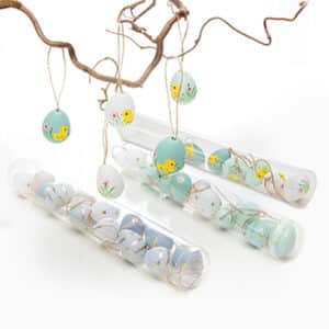Hanging eggs w. decoration & string, 4CM, 3 ASS., 12/BOX