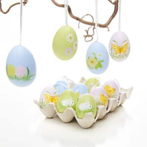 Hanging eggs w. decoration & string, 6CM, 6/BOX
